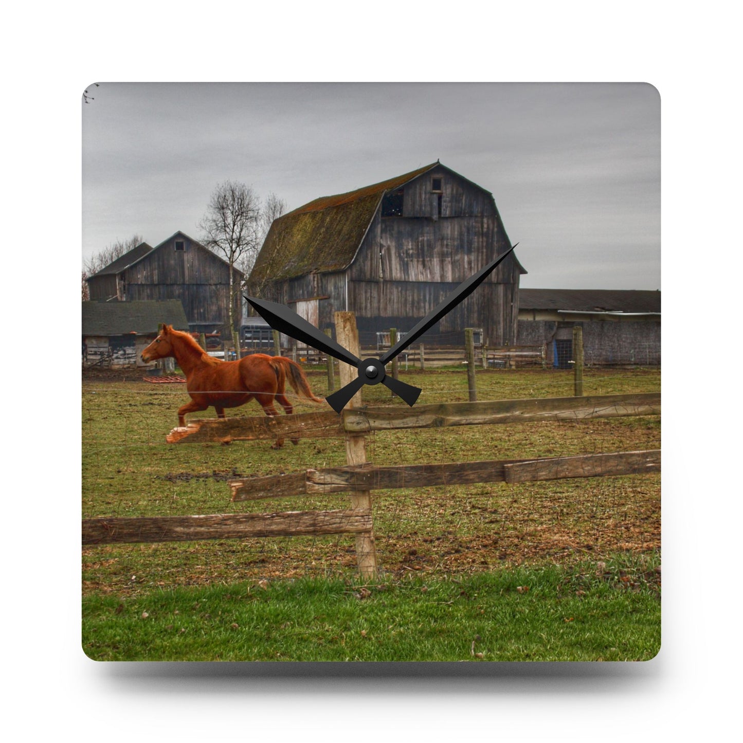 U R There Photography South Summers Road Old Grey and Caramel III Rustic Farmhouse Acrylic Analog Wall Clock