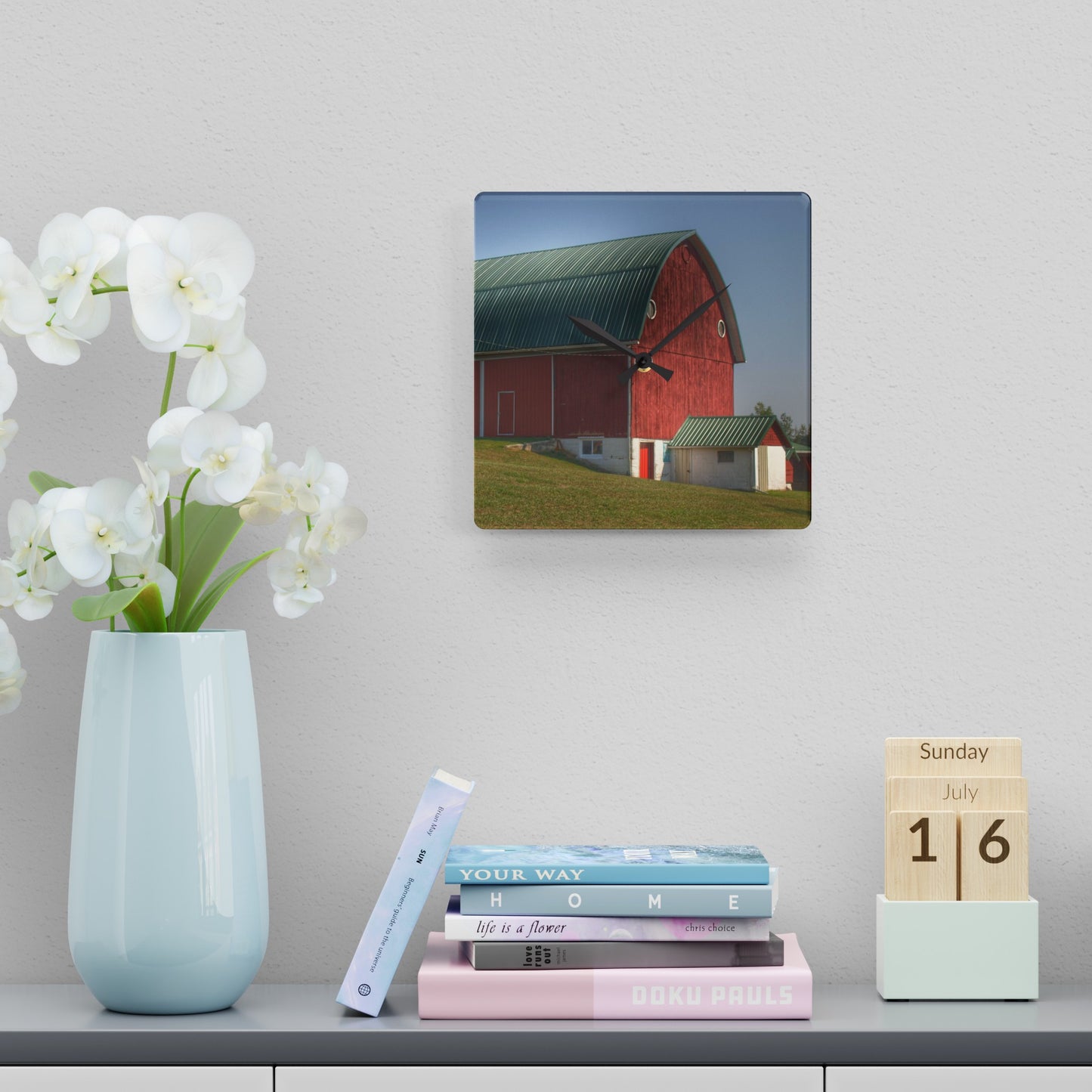 U R There Photography Barnes Road Red Rustic Farmhouse Acrylic Analog Wall Clock 10.75'' × 10.75'' (Square)