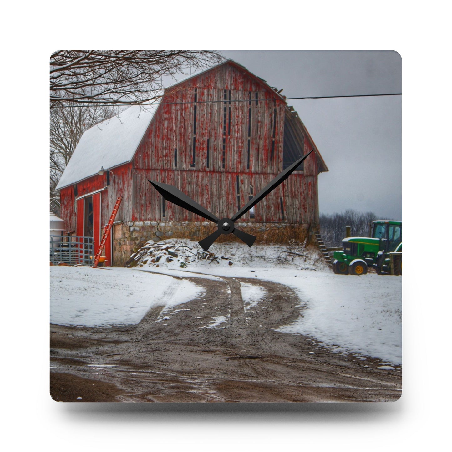 U R There Photography Marathon Road Red in Winter Rustic Farmhouse Acrylic Analog Wall Clock