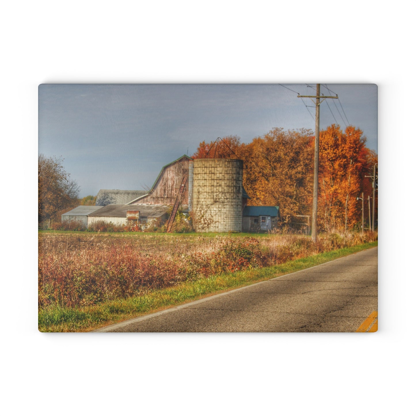 U R There Photography Plumb Creek Road Red in Fall II Rustic Farmhouse Tempered-Glass Cutting Board