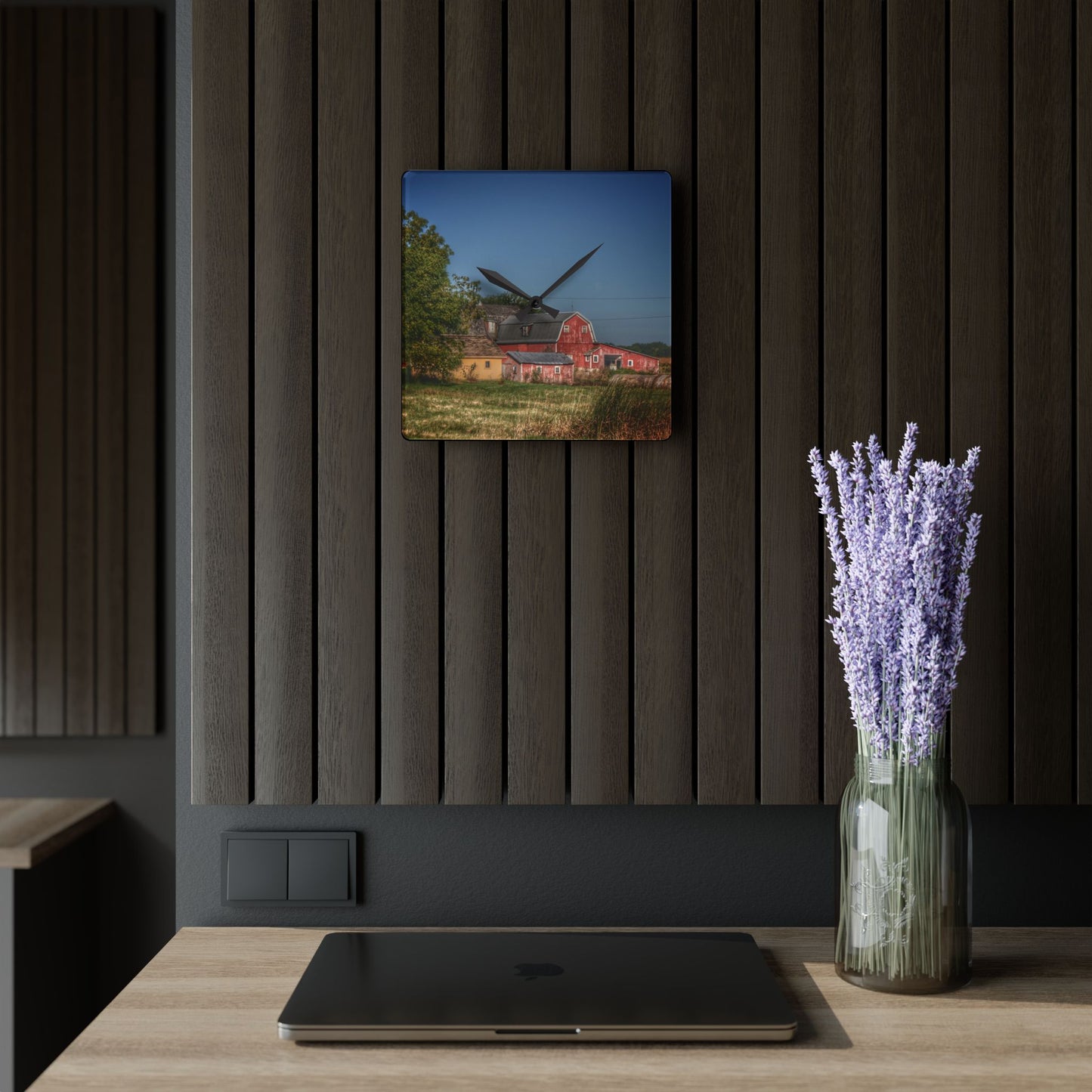U R There Photography Rochester Road Red I Rustic Farmhouse Acrylic Analog Wall Clock