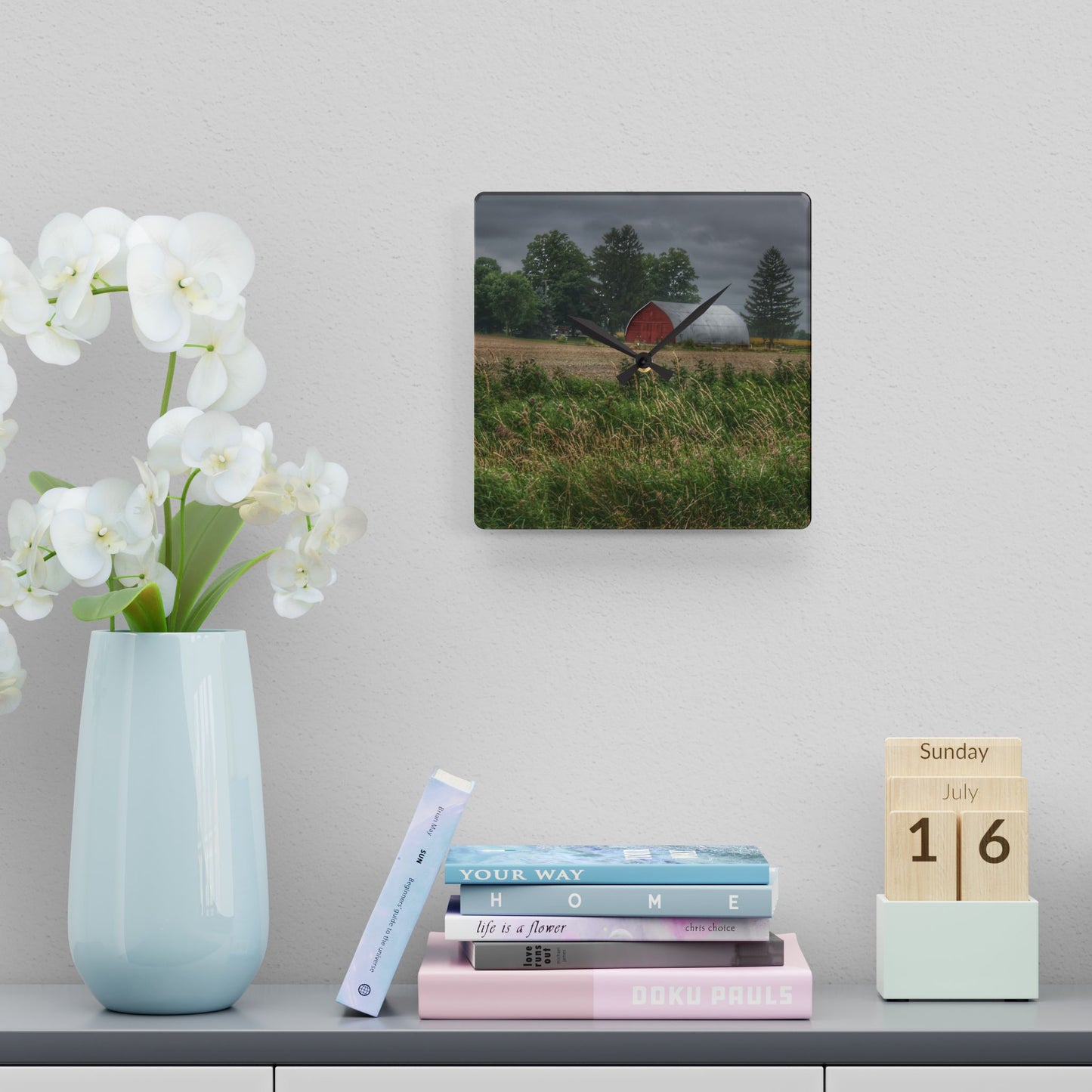 U R There Photography Mayville Road Red Quonset Rustic Farmhouse Acrylic Analog Wall Clock