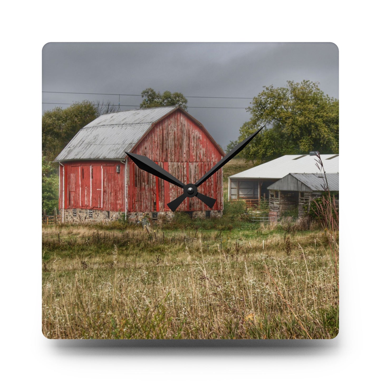 U R There Photography North Lake Road Red II Rustic Farmhouse Acrylic Analog Wall Clock