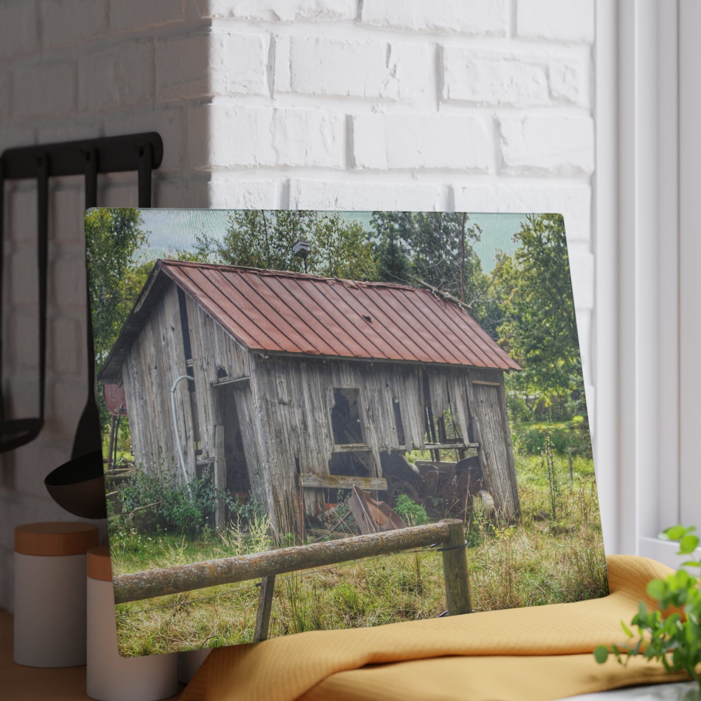 U R There Photography Silverwood Rusted Grey Shack Rustic Farmhouse Tempered-Glass Cutting Board