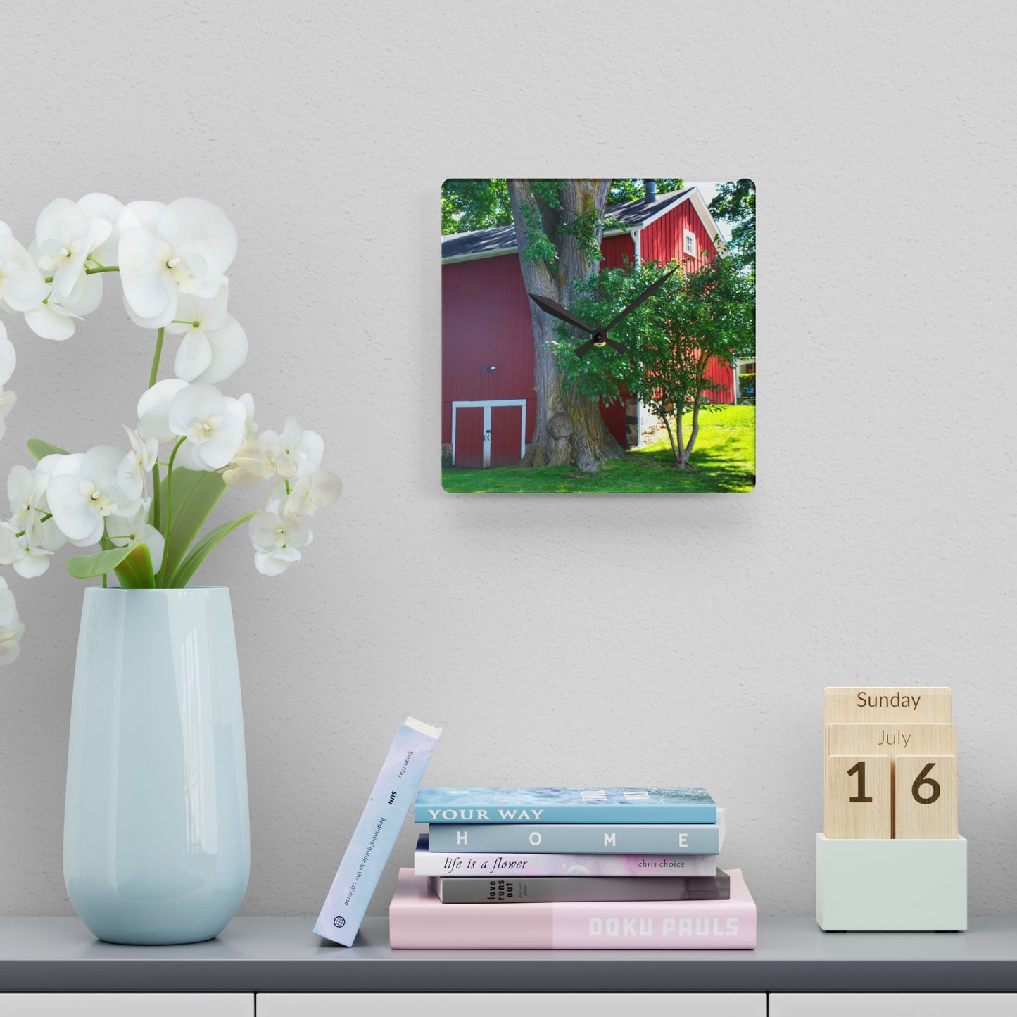 U R There Photography Court Street City Red Rustic Farmhouse Acrylic Analog Wall Clock