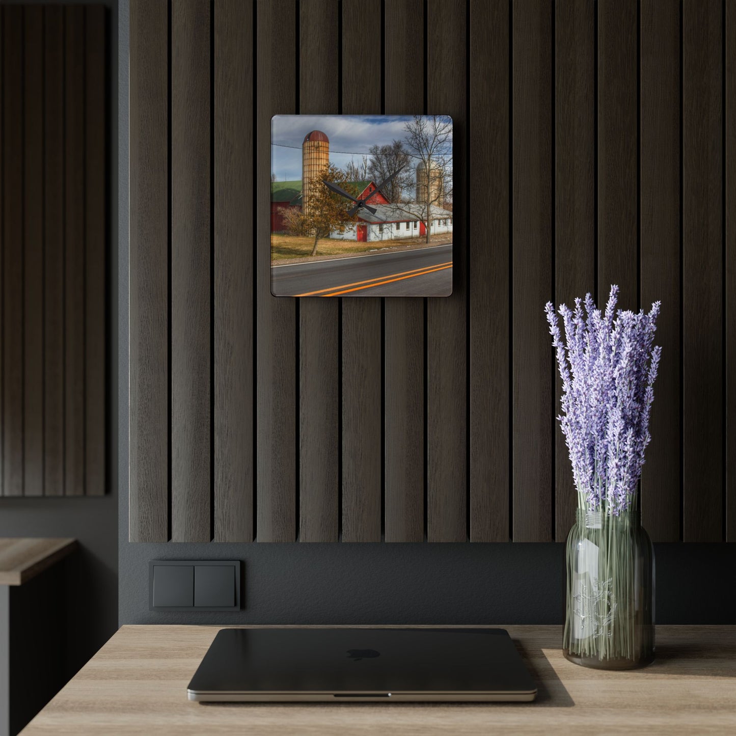 U R There Photography Newark Road Red and Silos III Rustic Farmhouse Acrylic Analog Wall Clock