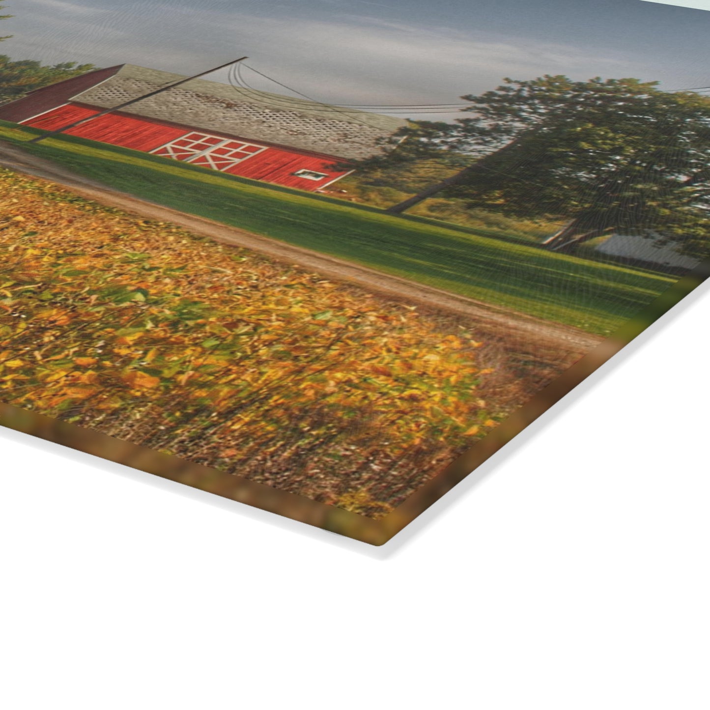 U R There Photography Red Barn on Golden Field Rustic Farmhouse Tempered-Glass Cutting Board