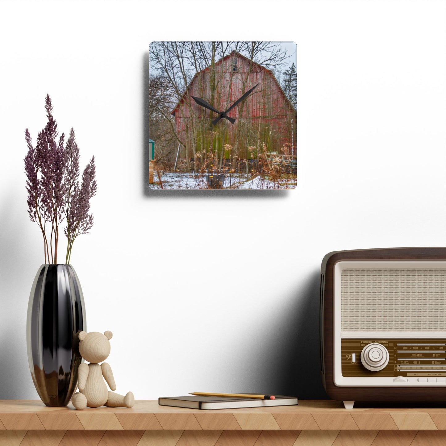 U R There Photography LeValley Road Red Rustic Farmhouse Acrylic Analog Wall Clock