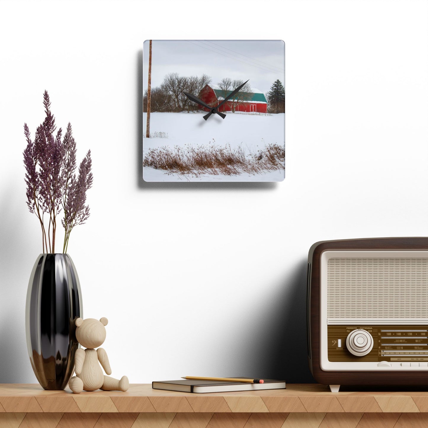 U R There Photography Five Lakes Hidden Red Rustic Farmhouse Acrylic Analog Wall Clock