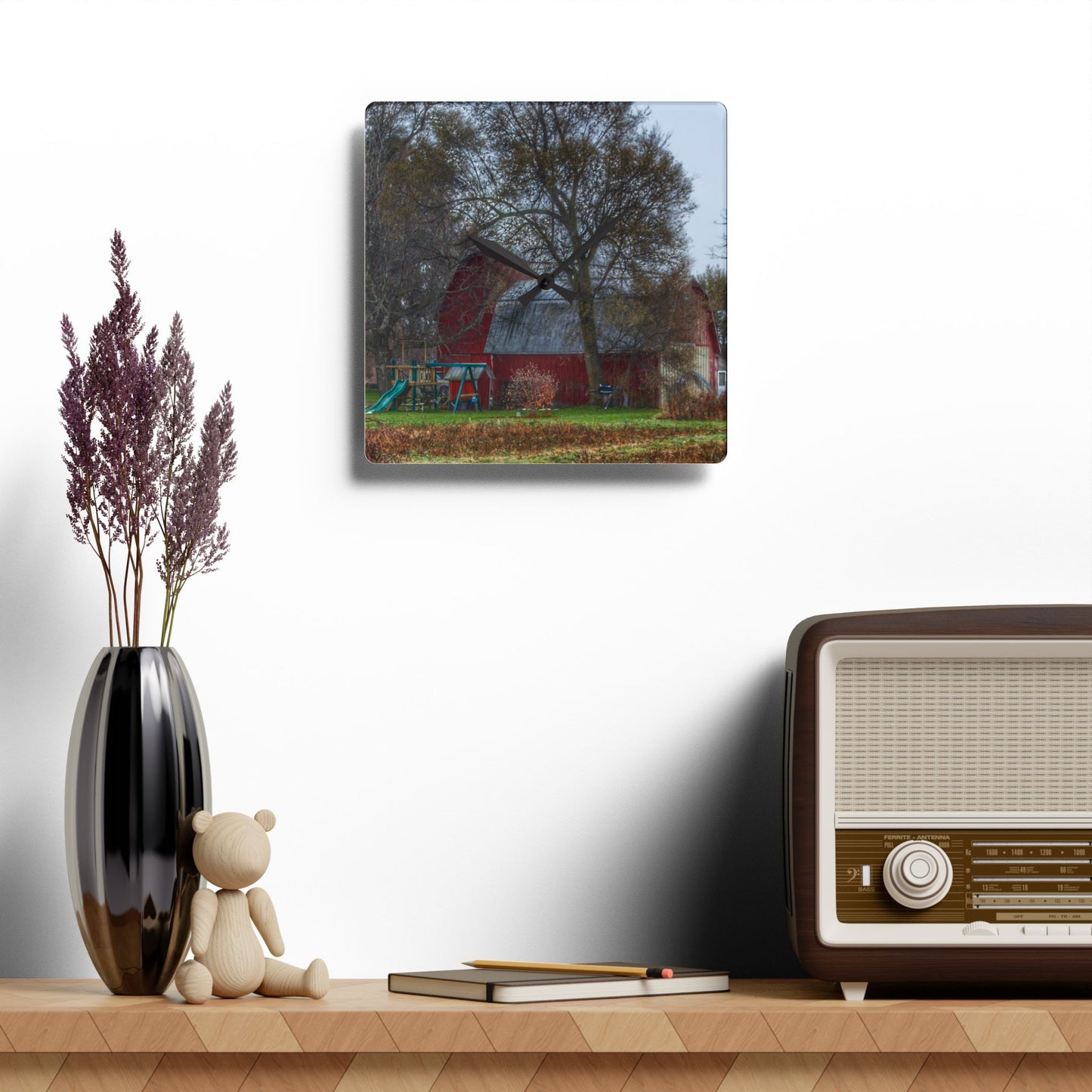 U R There Photography Dryden Road Reds and Playscape Rustic Farmhouse Acrylic Analog Wall Clock