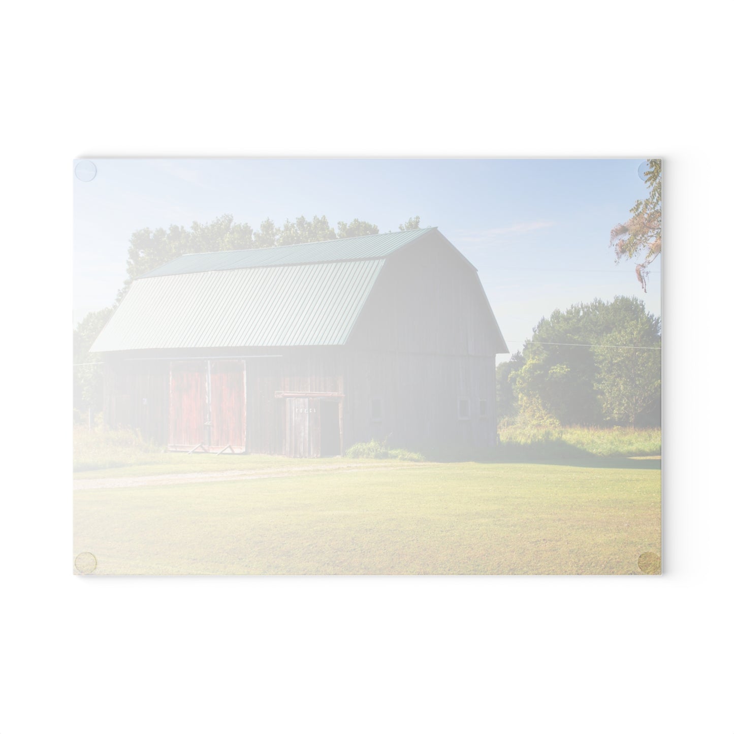 U R There Photography Red Door Barn of Mount Morris Road Rustic Farmhouse Tempered-Glass Cutting Board