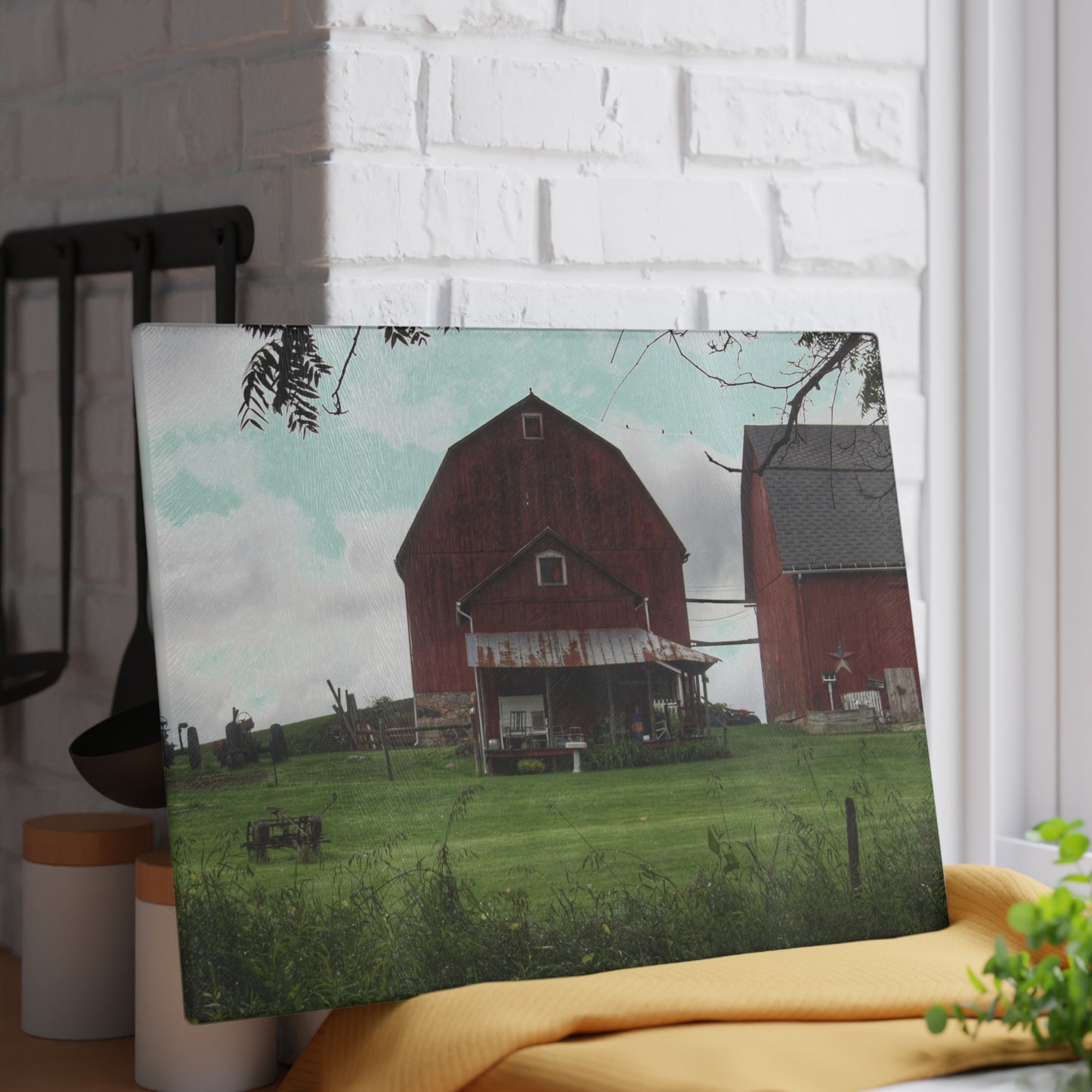 U R There Photography Bishop Road Reds II Rustic Farmhouse Tempered-Glass Cutting Board 8"x 11"