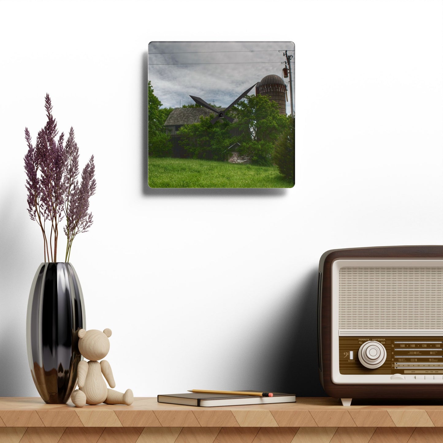 U R There Photography Higgins Road Greys Beyond the Greens Rustic Farmhouse Acrylic Analog Wall Clock