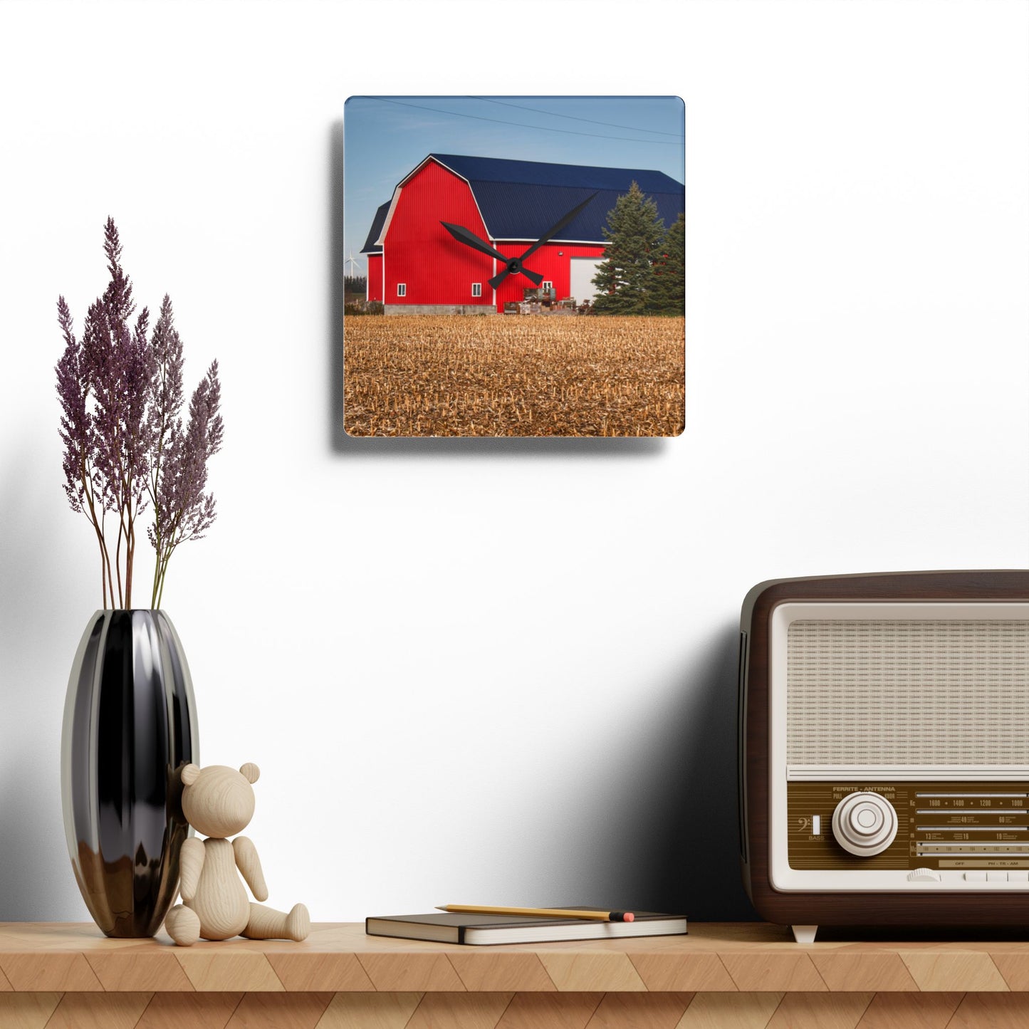 U R There Photography Kirk Road Modern Red Rustic Farmhouse Acrylic Analog Wall Clock
