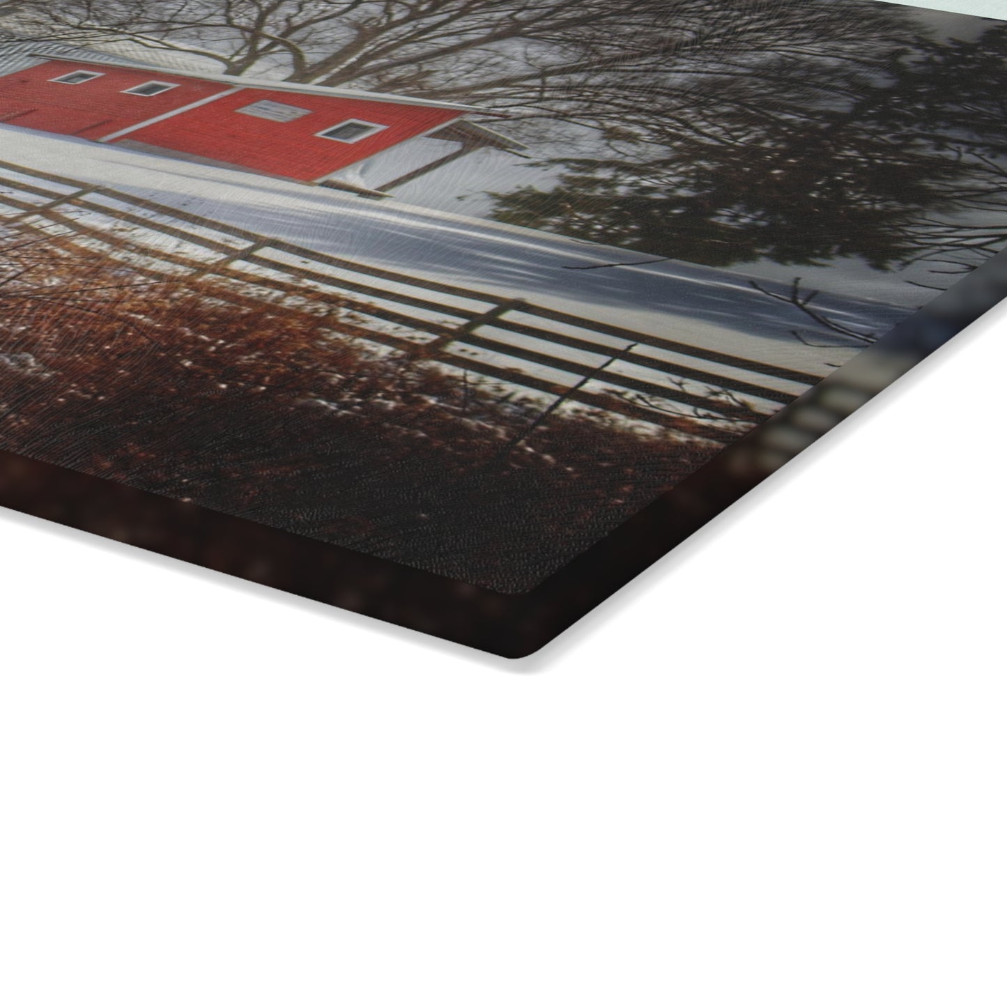 U R There Photography Catlin Red and Fence I Rustic Farmhouse Tempered-Glass Cutting Board