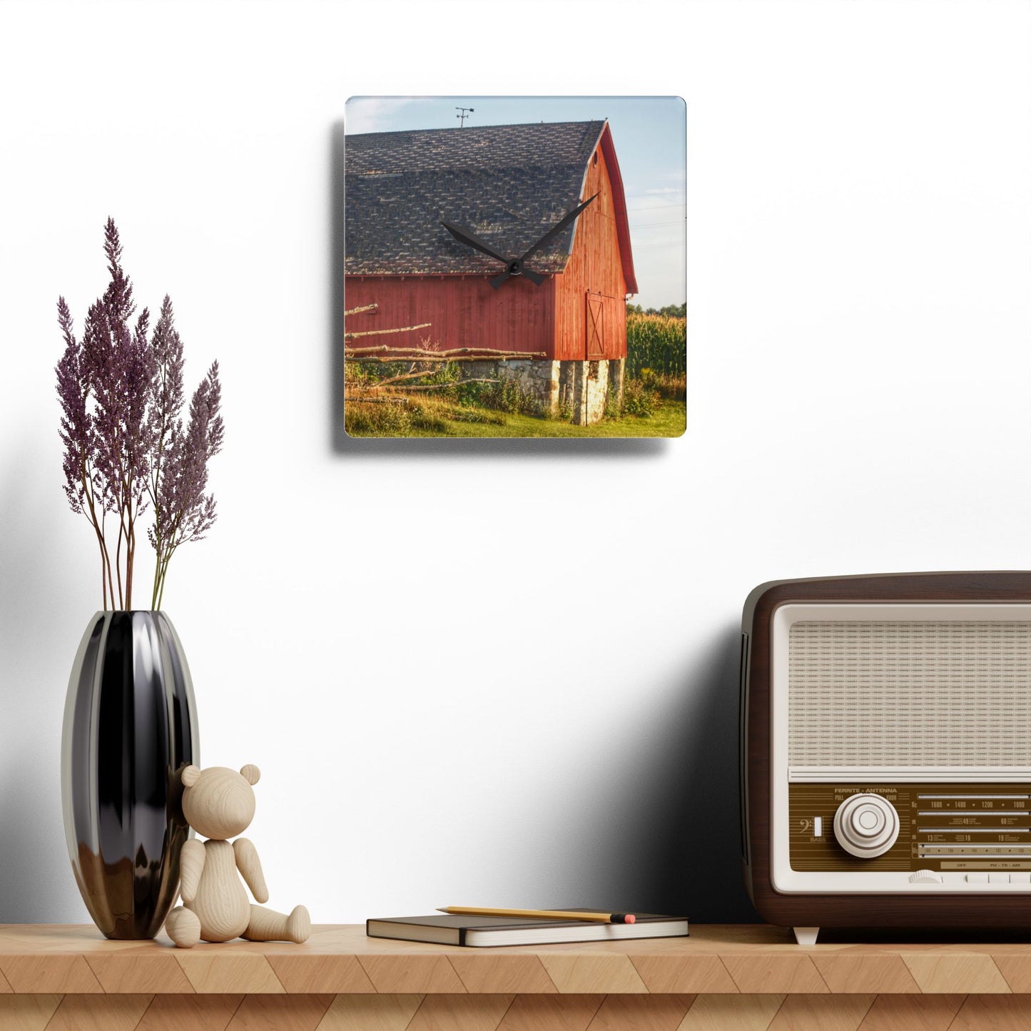 U R There Photography Otter Lake Road Red II Rustic Farmhouse Acrylic Analog Wall Clock