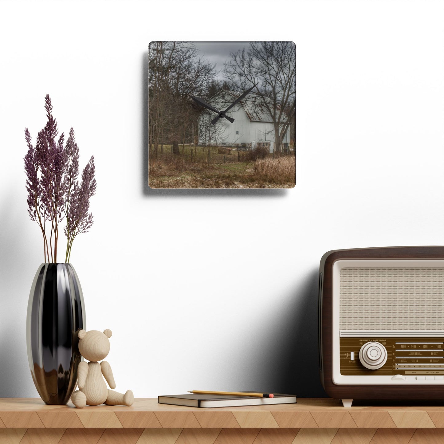 U R There Photography Oakwood Road White II Rustic Farmhouse Acrylic Analog Wall Clock
