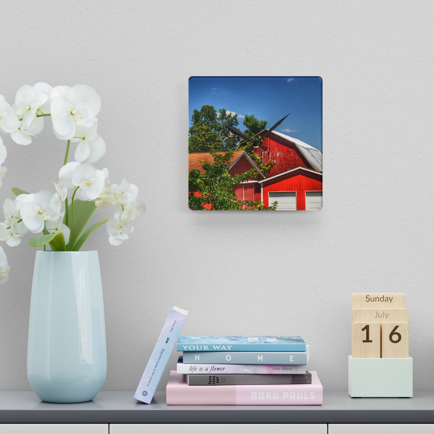 U R There Photography McKeen Lake Road Reds I Rustic Farmhouse Acrylic Analog Wall Clock