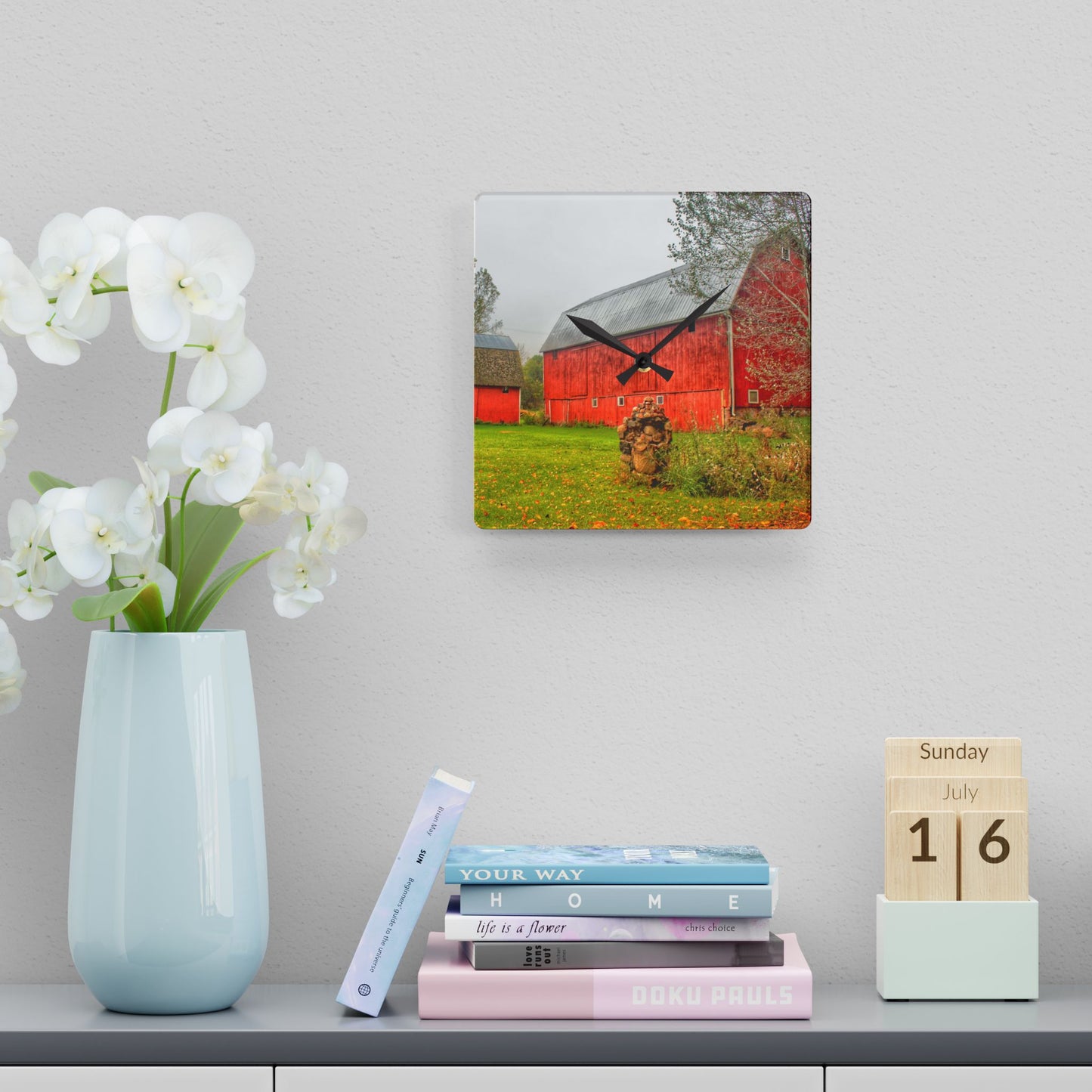 U R There Photography Cramton Road Reds I Rustic Farmhouse Wall Clock