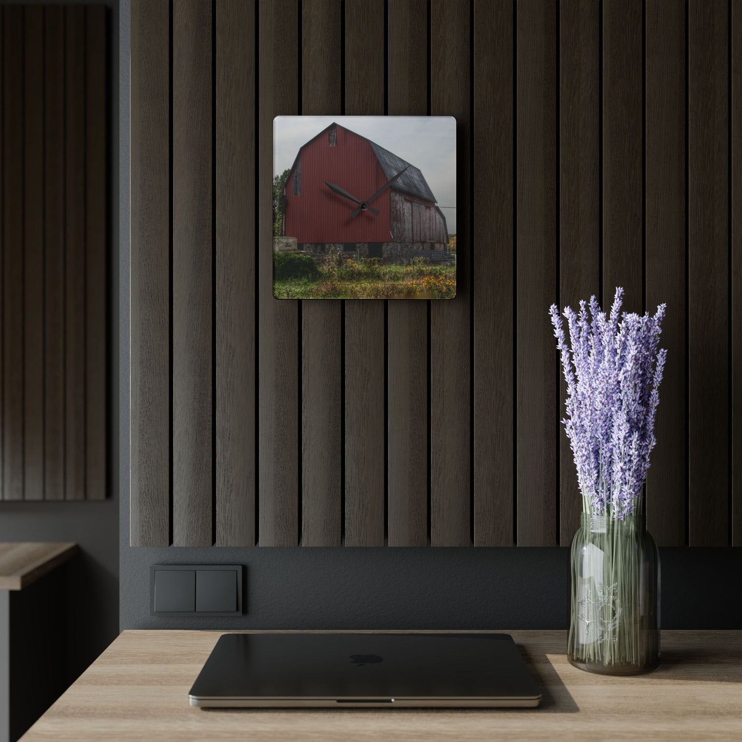 U R There Photography Roadside Stone Red Rustic Farmhouse Acrylic Analog Wall Clock