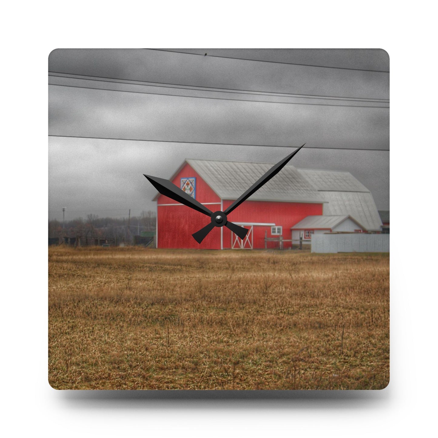 U R There Photography Barnes Road Quilted Red Rustic Farmhouse Acrylic Analog Wall Clock