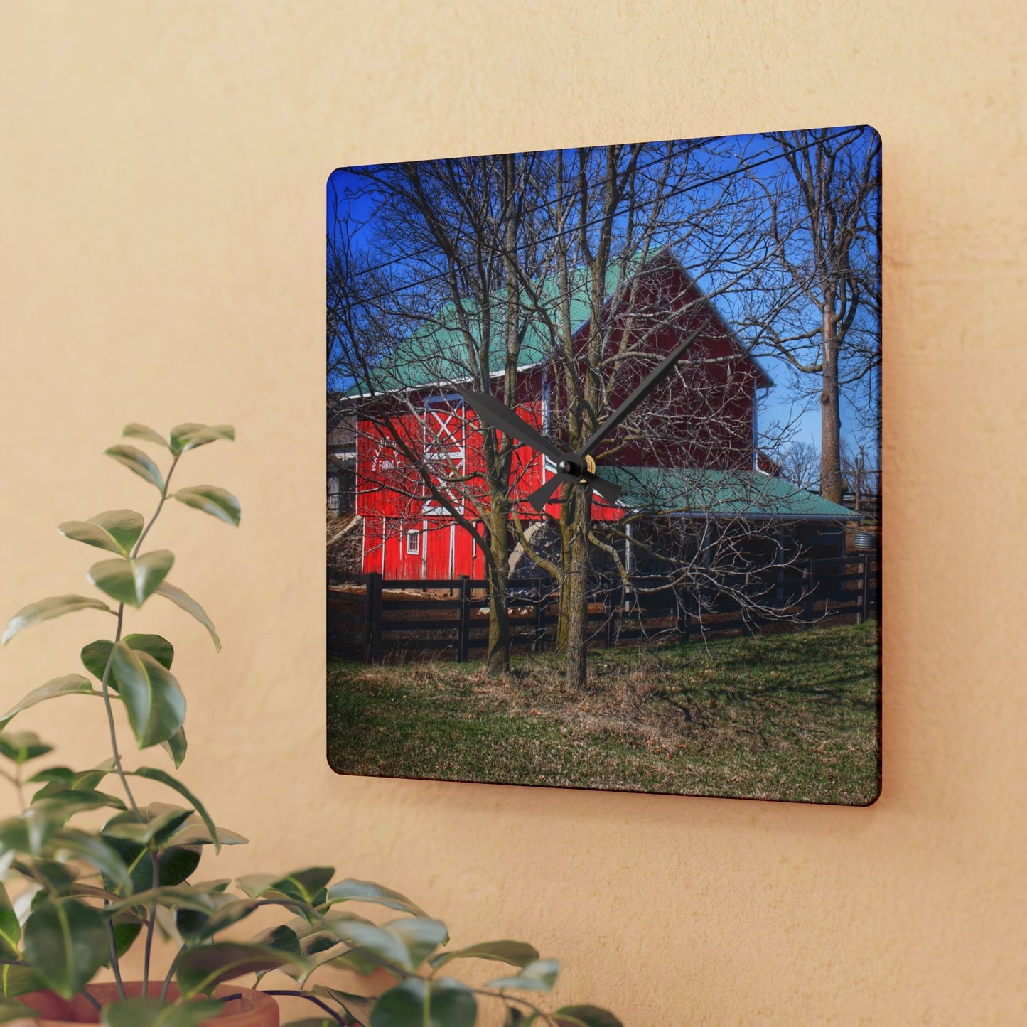 U R There Photography Imlay City Road Cow Barn I Rustic Farmhouse Acrylic Analog Wall Clock