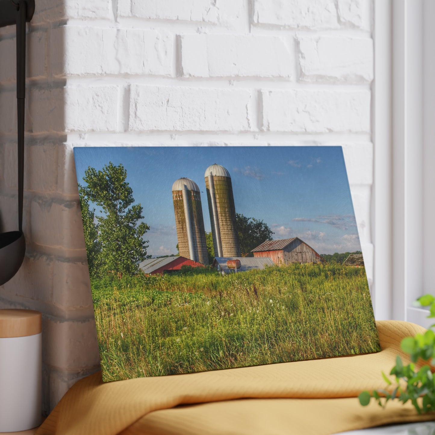 U R There Photography Morrish Road Silos II Rustic Farmhouse Tempered-Glass Cutting Board