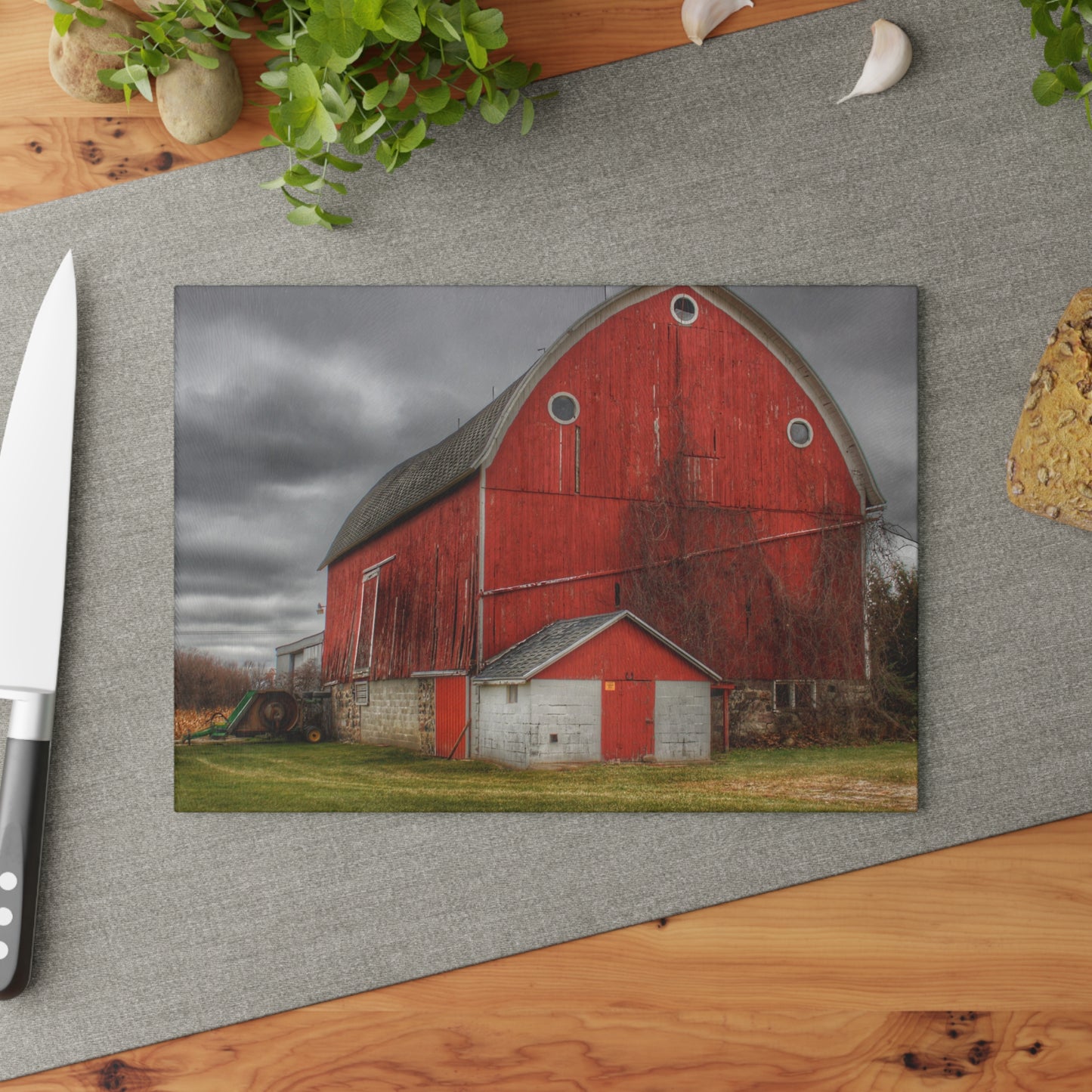 U R There Photography Slattery Road Fieldstone Red Rustic Farmhouse Tempered-Glass Cutting Board