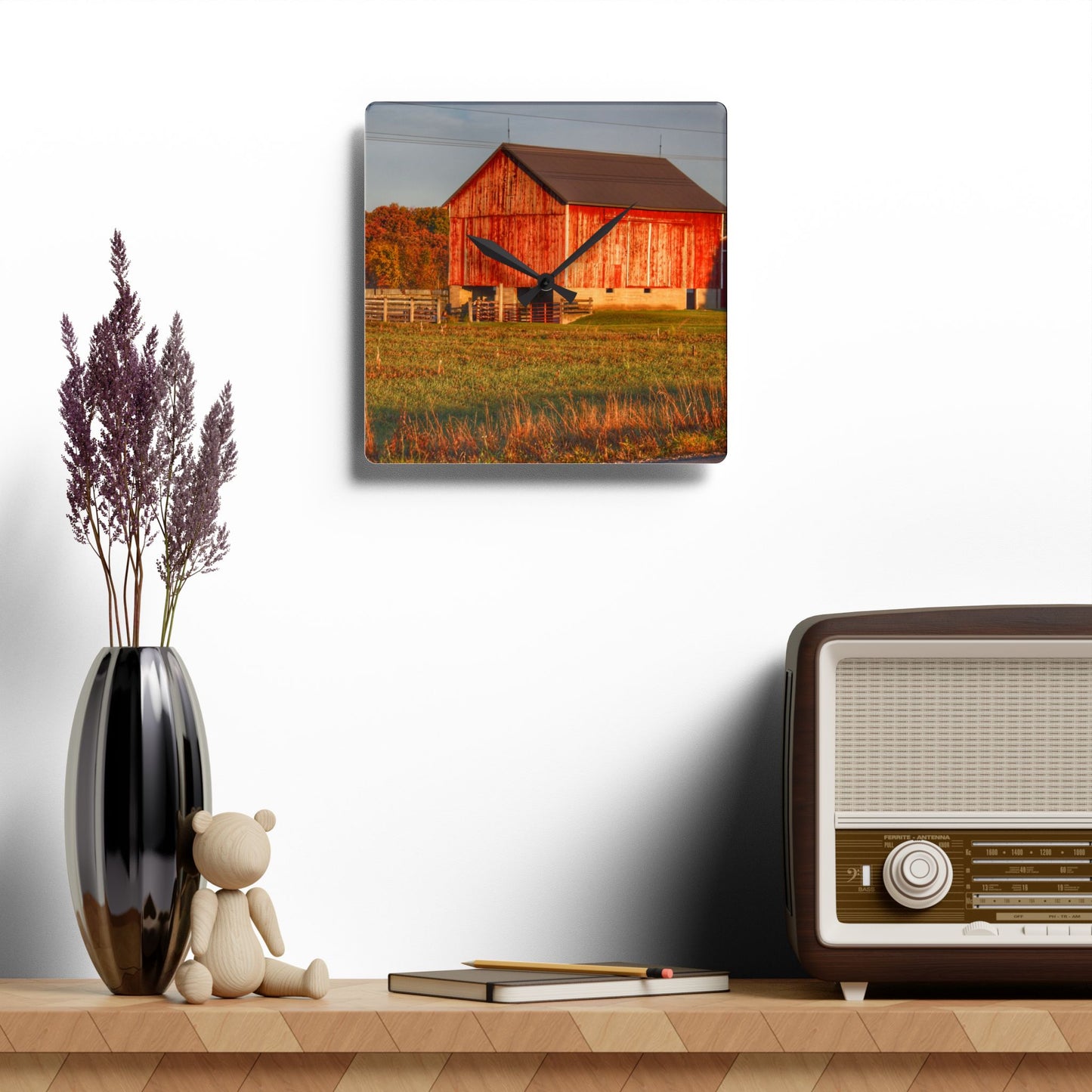 U R There Photography Lake Pleasant Corral Red II Rustic Farmhouse Acrylic Analog Wall Clock