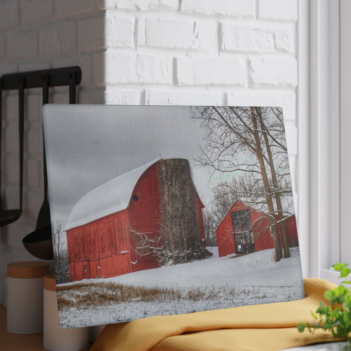 U R There Photography Catlin Reds in Winter I Rustic Farmhouse Tempered-Glass Cutting Board