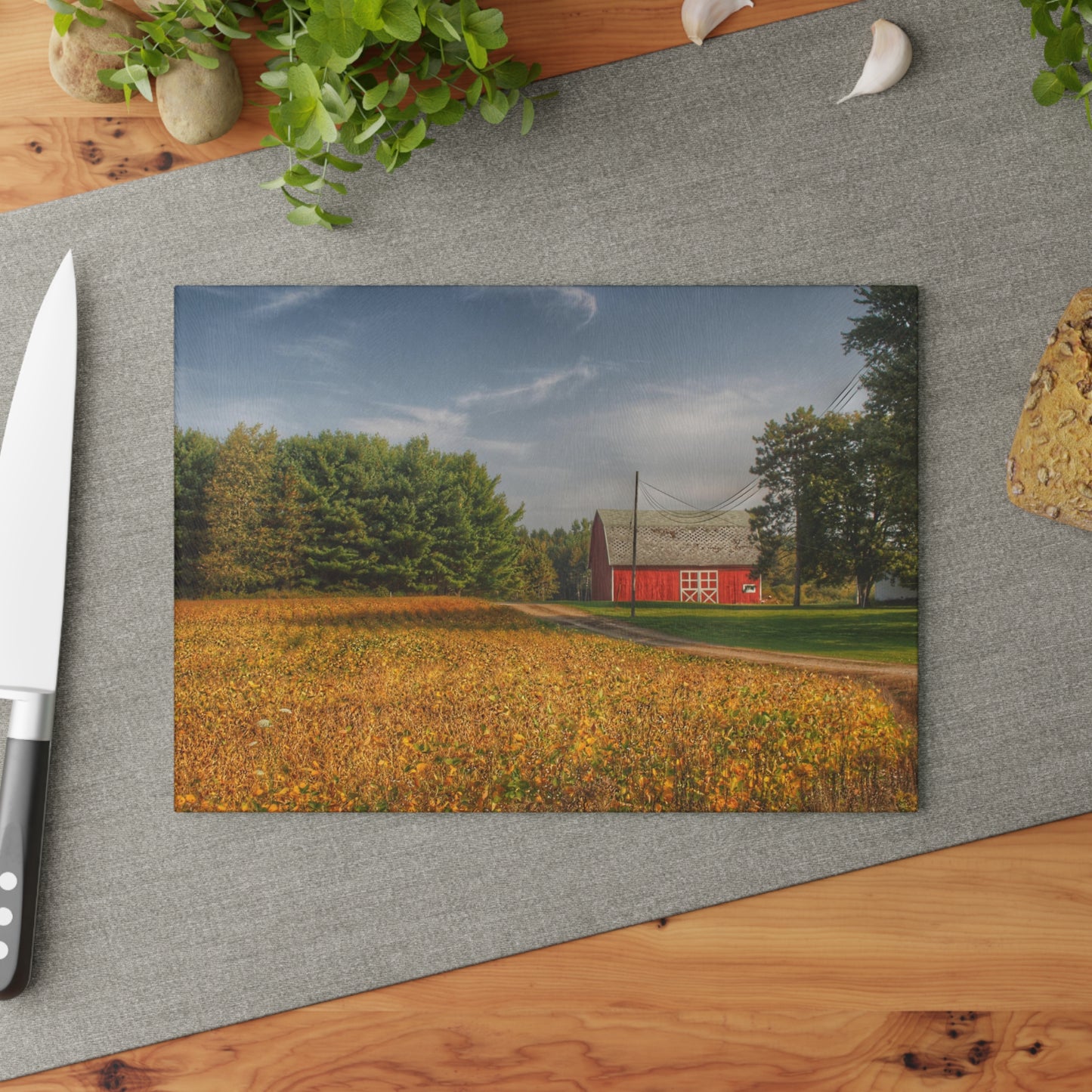 U R There Photography Red Barn on Golden Field Rustic Farmhouse Tempered-Glass Cutting Board