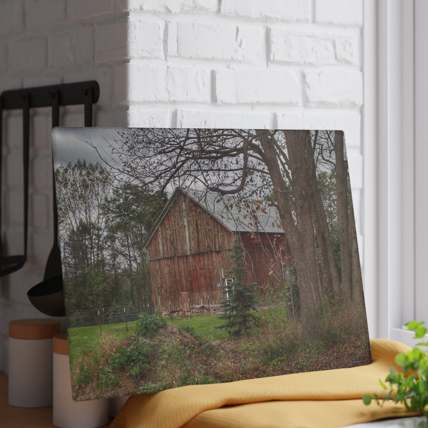 U R There Photography Big Fish Lake Road Red Rustic Farmhouse Tempered-Glass Cutting Board