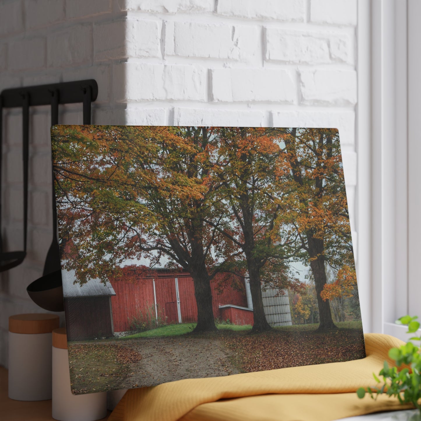 U R There Photography Brown Road Red in the Fall Rustic Farmhouse Tempered-Glass Cutting Board