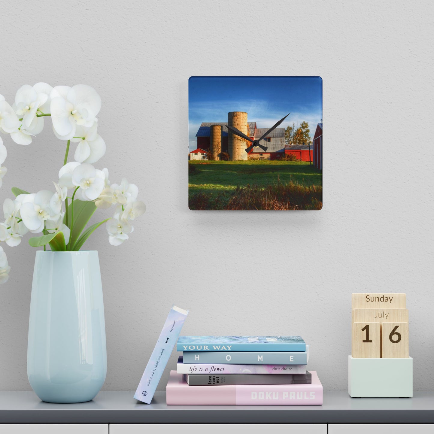 U R There Photography Maynard Road Reds Rustic Farmhouse Acrylic Analog Wall Clock
