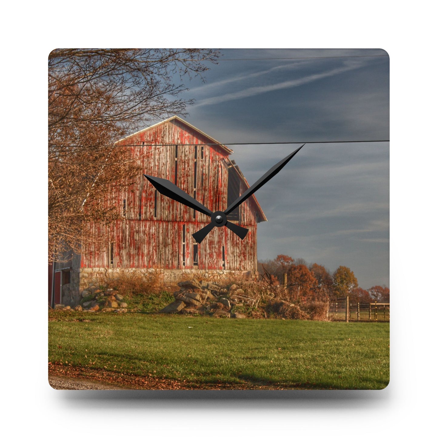 U R There Photography Marathon Road Red Cow Barn Rustic Farmhouse Acrylic Analog Wall Clock