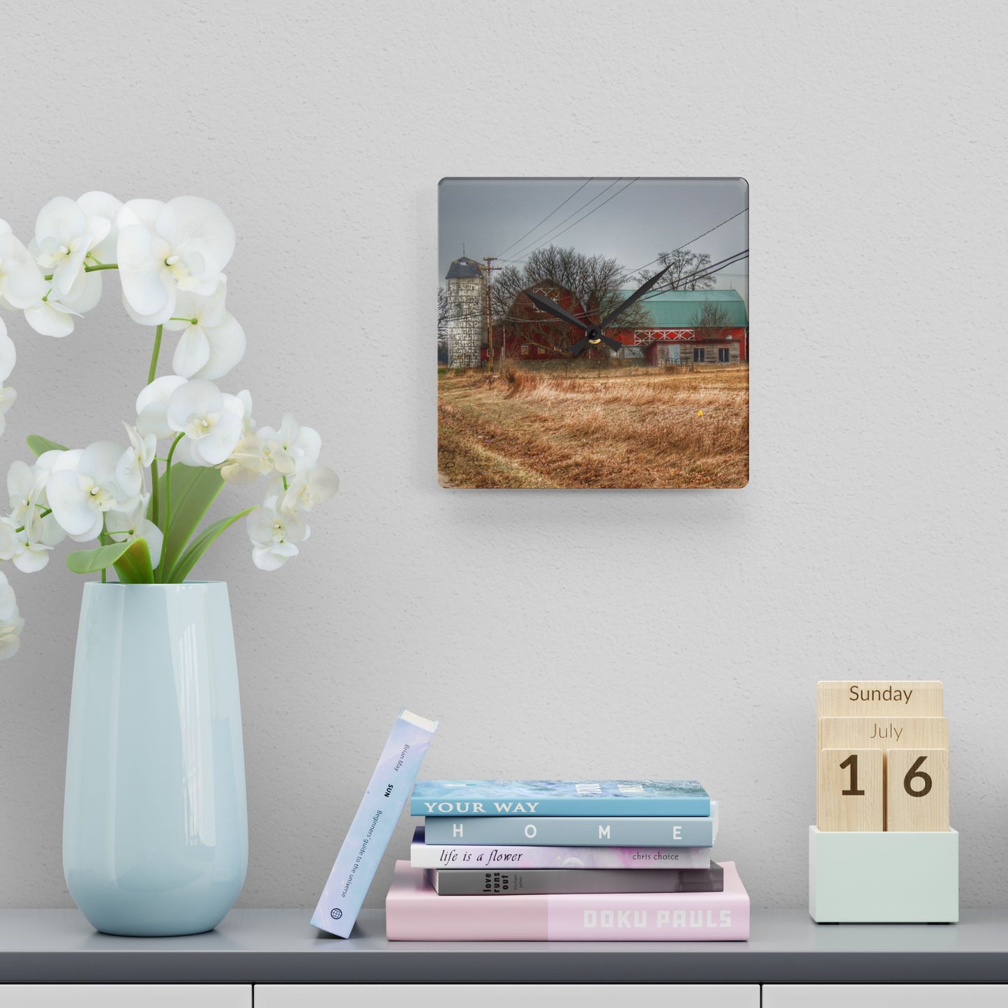 U R There Photography Mound Road Reds and Silo Rustic Farmhouse Acrylic Analog Wall Clock