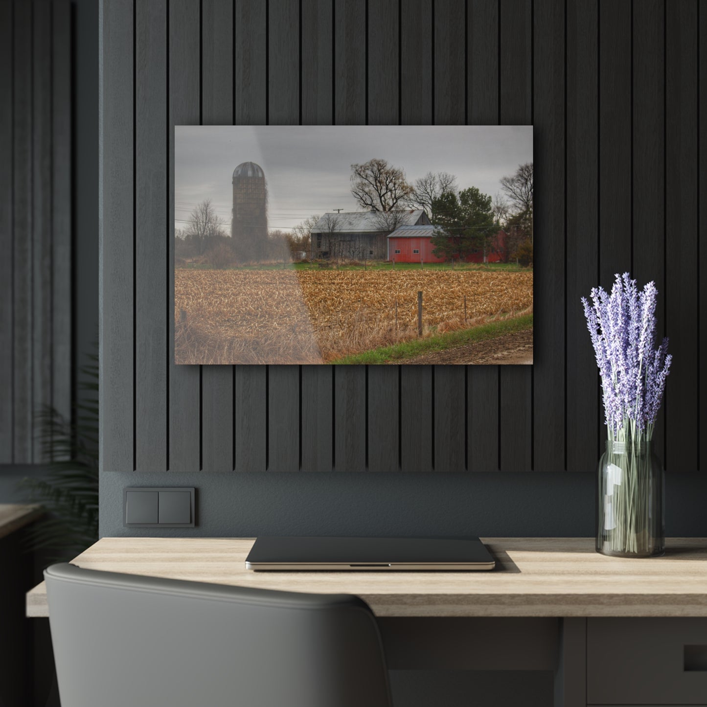 U R There Photography Dryden Road Gable Grey and Silo Rustic Farmhouse Acrylic Wall Print