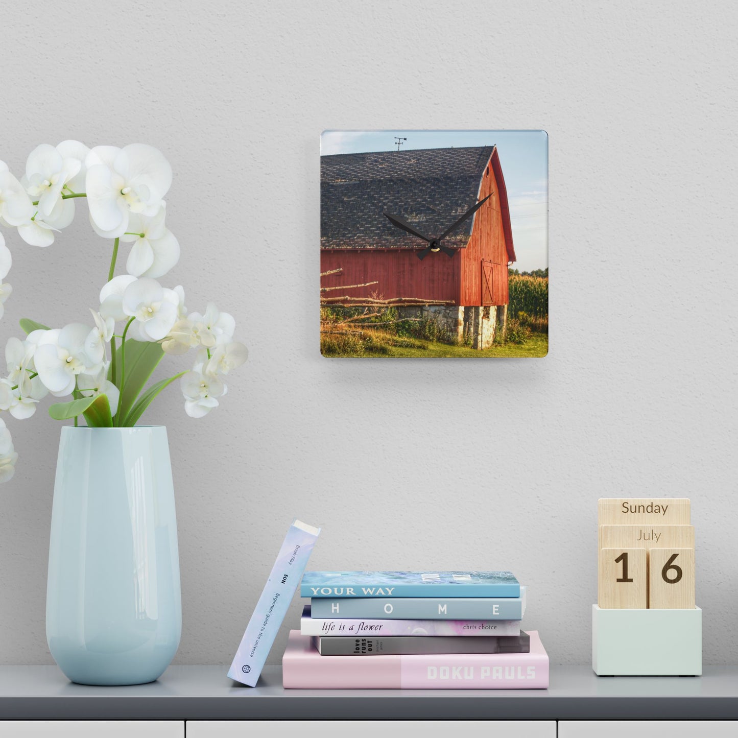 U R There Photography Otter Lake Road Red II Rustic Farmhouse Acrylic Analog Wall Clock