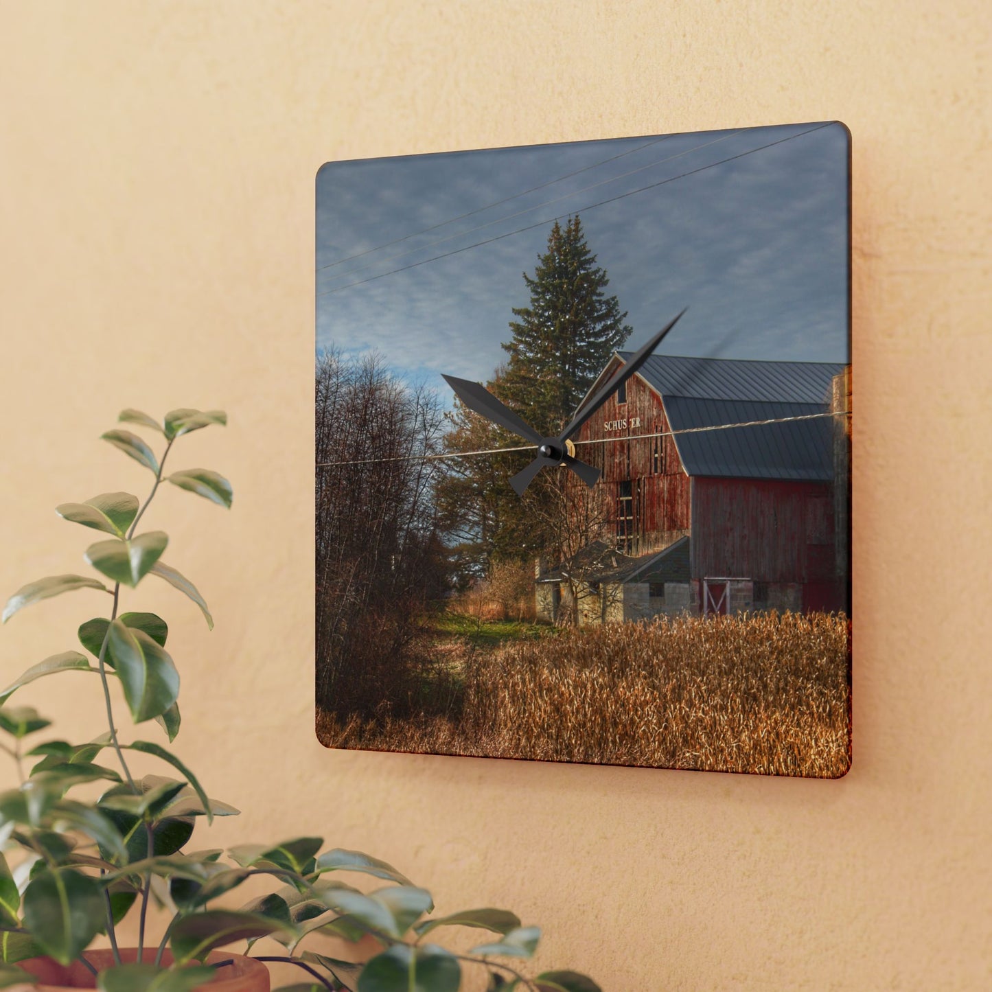 U R There Photography Otter Lake Road Red I Rustic Farmhouse Acrylic Analog Wall Clock