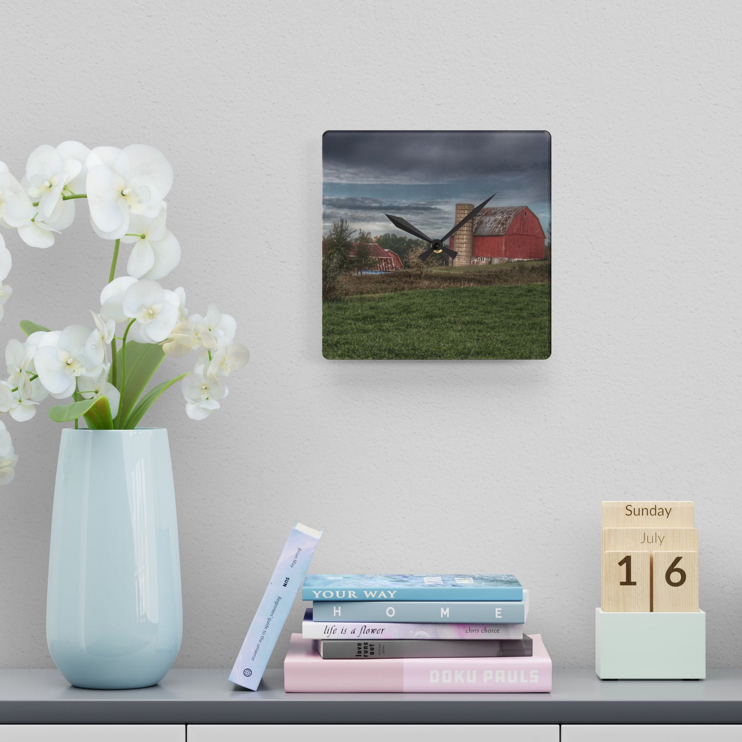 U R There Photography Clear Lake Road Red Rustic Farmhouse Acrylic Analog Wall Clock