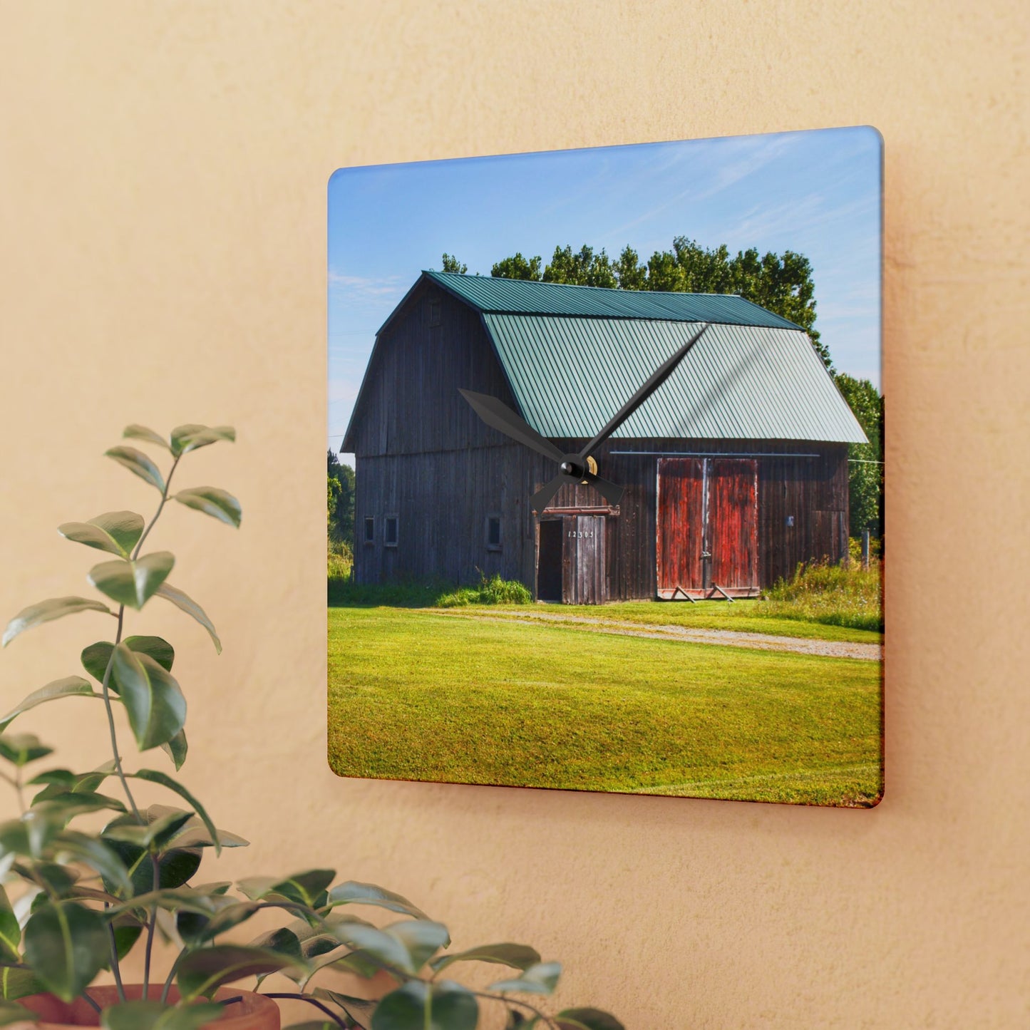 U R There Photography Red Door Barn of Mount Morris Road Rustic Farmhouse Acrylic Analog Wall Clock