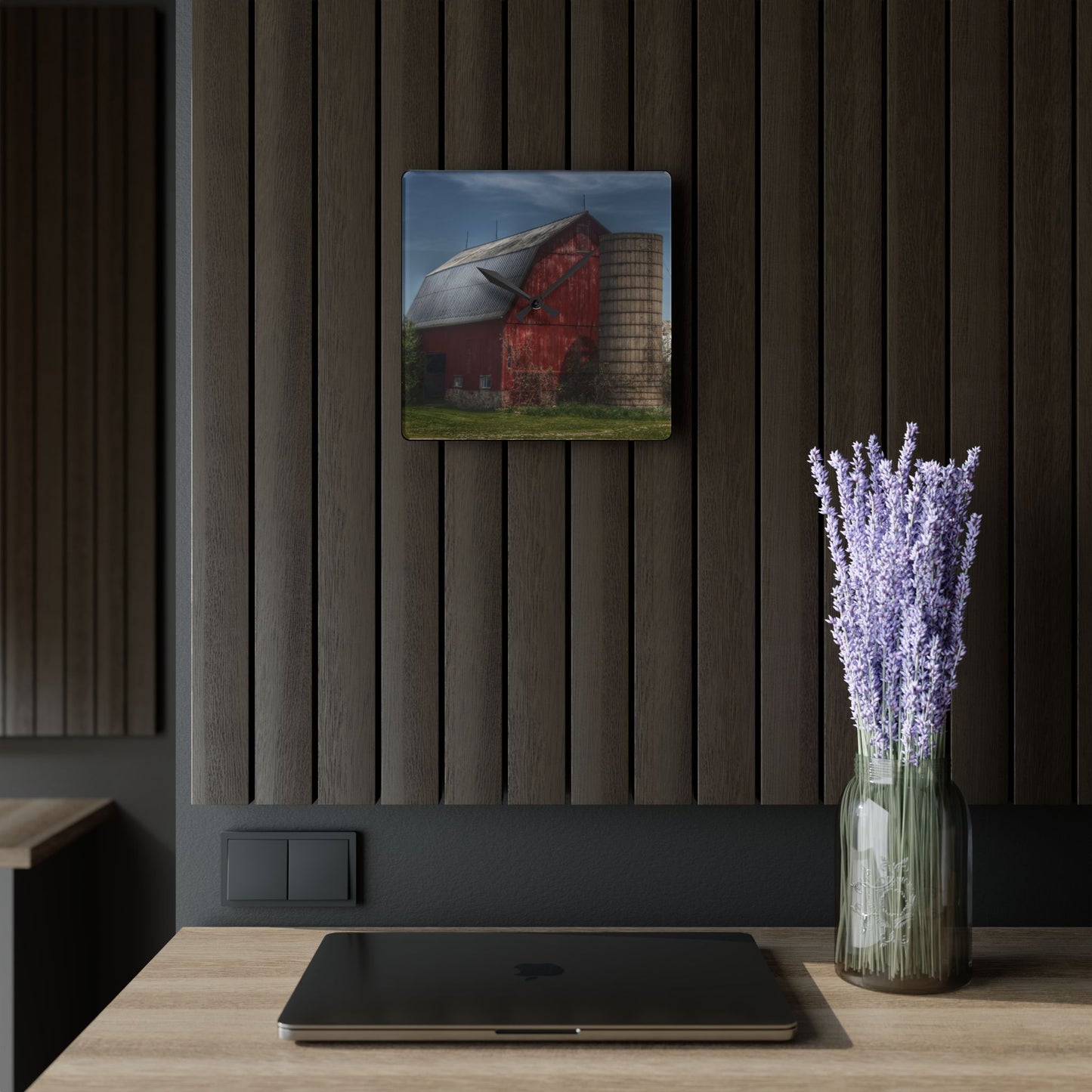 U R There Photography McDowell Road Red Rustic Farmhouse Acrylic Analog Wall Clock
