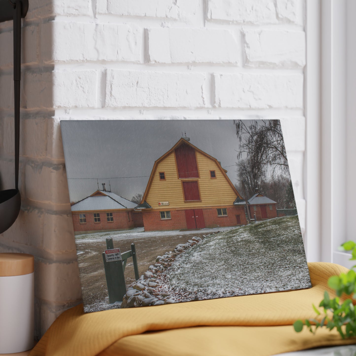 U R There Photography Yellow Barn of Bordman Rustic Farmhouse Tempered-Glass Cutting Board
