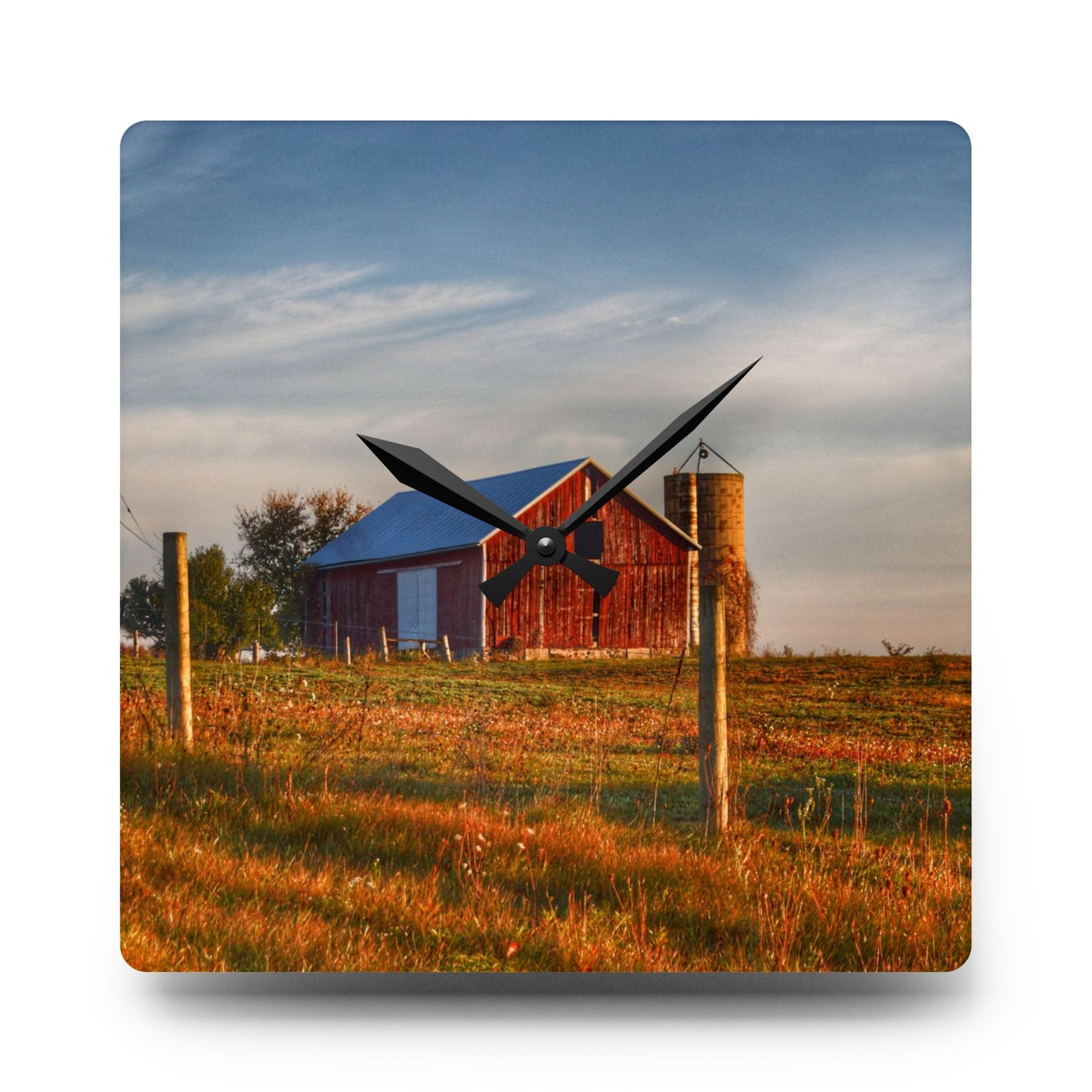 U R There Photography Lake Pleasant Road Little Red and Silo I Rustic Farmhouse Acrylic Analog Wall Clock