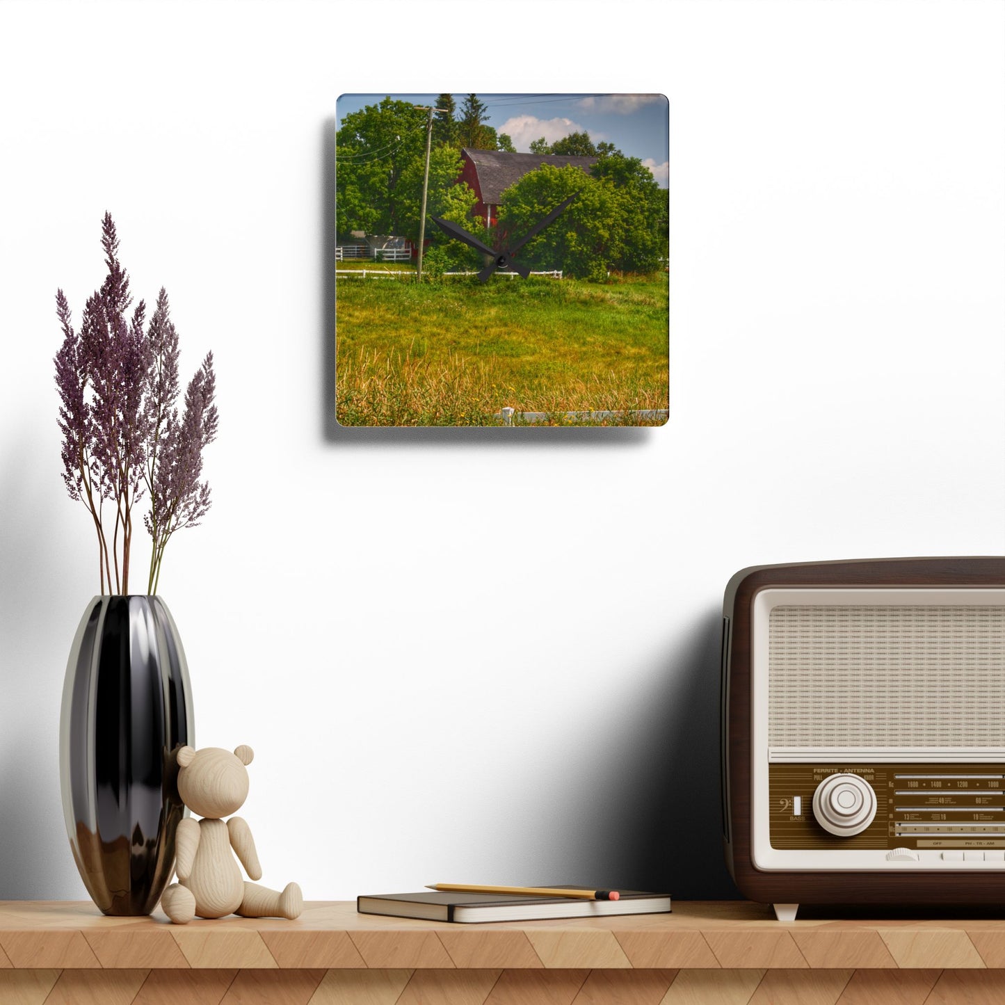U R There Photography Hidden Red Beyond the Fence Rustic Farmhouse Acrylic Analog Wall Clock