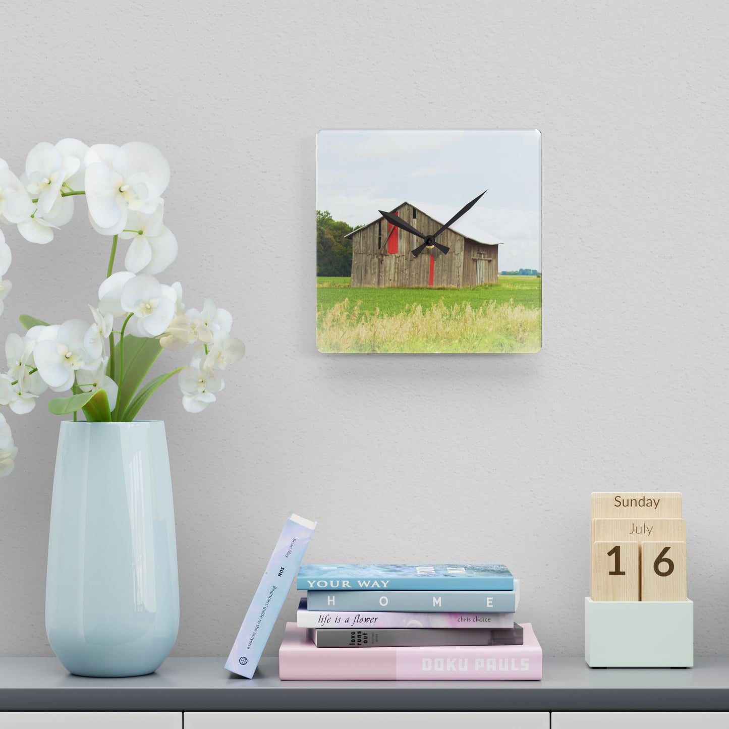 U R There Photography Square Barn with Barn in the Distance Rustic Farmhouse Acrylic Analog Wall Clock