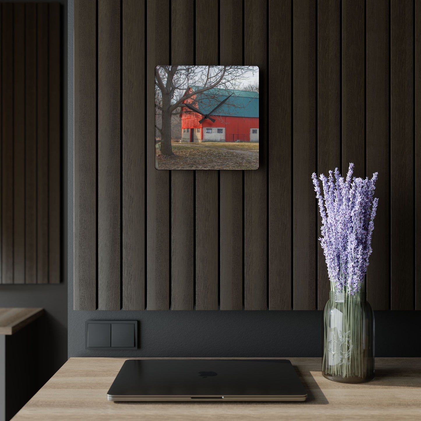 U R There Photography Wilson Road Red and Silo I Rustic Farmhouse Acrylic Analog Wall Clock