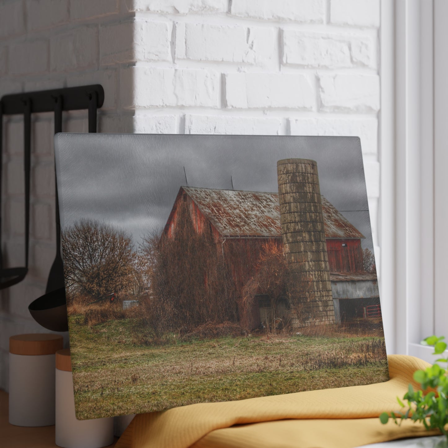 U R There Photography Slattery Road Old Red and Silo I Rustic Farmhouse Tempered-Glass Cutting Board
