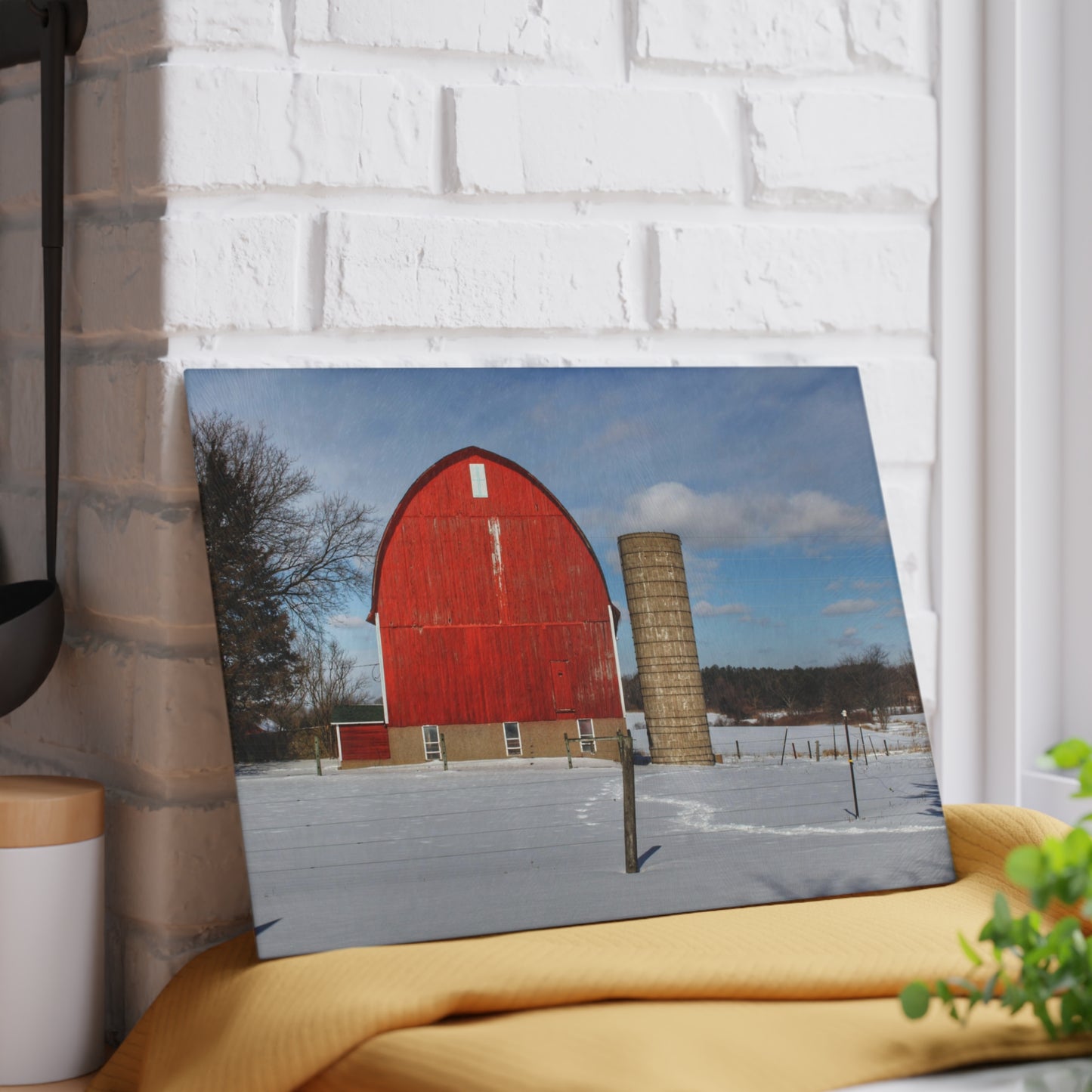 U R There Photography Barnes Road Winter Red Rustic Farmhouse Tempered-Glass Cutting Board