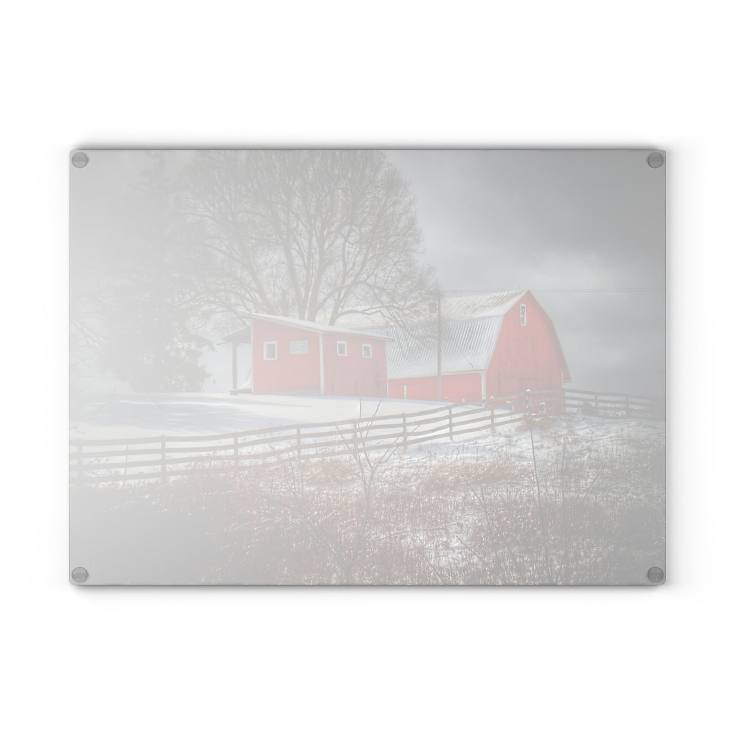 U R There Photography Catlin Red and Fence I Rustic Farmhouse Tempered-Glass Cutting Board